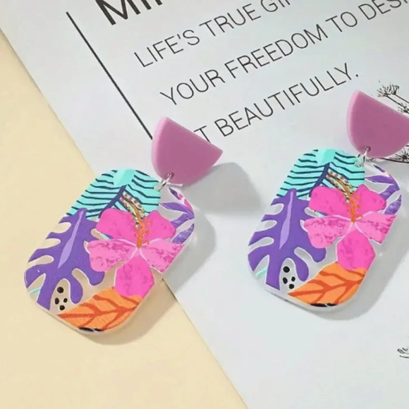 Floral Purple and Pink Earrings - Picture 2 of 3